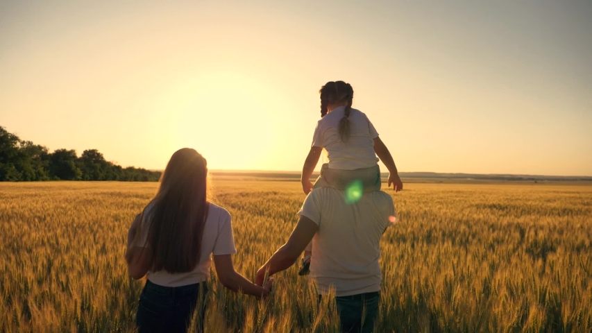 Happy cute family, children in the park. Beautiful sunset on a wheat field. Happy dream child on father's shoulders in wheat field. Walk in the park Happy cute family is dreaming in the park. Teamwork | Shutterstock HD Video #1056345653