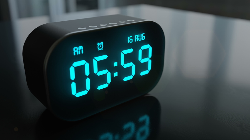 6 am at the digital alarm clock on the table in bedroom. Clock ringing and wakes up us early in the morning. It's time to waking up and go to work. 3d animation, closeup morning concept. | Shutterstock HD Video #1056358142