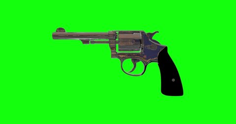 8 intro animations of a 3d revolver or magnum gun. Concept of firearm, weapon. Green screen chroma key background.
