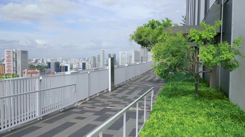 Beautiful rooftop garden,modern benches under green trees along walkway. Urban eco design and mini-ecosystem concept. Landscaping in Singapore. Outside terrace with scenic park and amazing city view