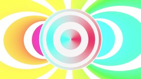Abstract hypnotic animated loop background. Psychedelic twisting optical illusion. Round striped rainbow lines. Colorful bright circles repeatable video loop.