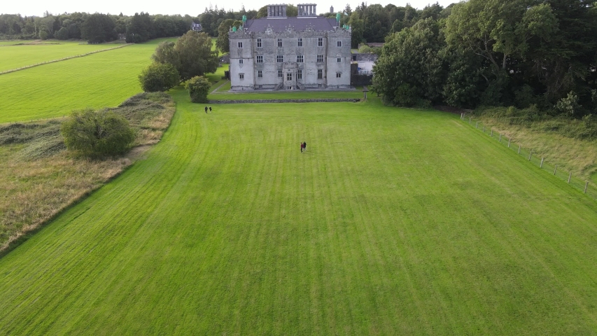 Aerial view over Portumna Castle and Gardens. A magnificent location on the shores of Lough Derg on the River Shannon. Portumna, County Galway, Ireland.