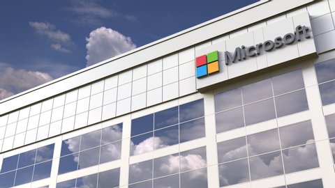 Microsoft logo on top of a modern building. Editorial conceptual 3d animation