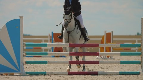 Competitive woman rider on horse jumping over obstacles, slow motion. White horse leaping fence on sandy parkour riding arena, equestrian competition outdoors. Training jumping hurdle.