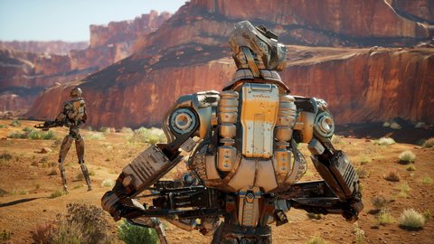 Military robot in the desert surveys the territory. The animation for fiction, futuristic or sci-fi backgrounds.