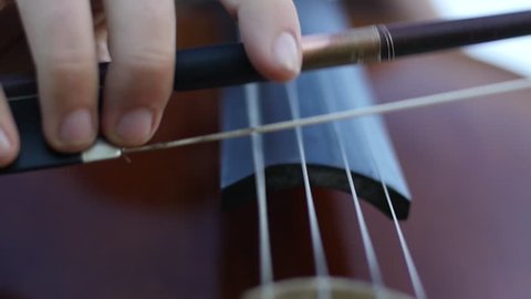 Playing the cello with a bow - stringed musical instrument close-up
