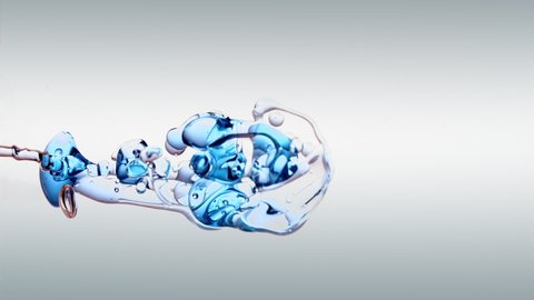 high speed blue oil bubbles and fluid shapes on a white gradient background. Side angle framed for vertical video cosmetic backdrop with copy space for science and blue hydrogen energy.
