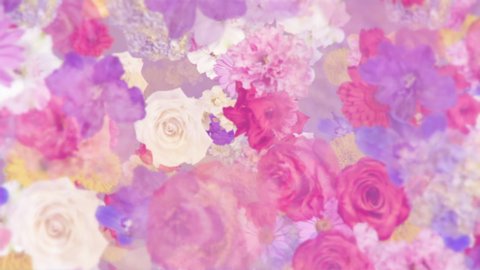 Elegant floral motion background animation with various flowers: alstroemeria, carnation, chrysanthemum, daisy, gerbera, gladiola, hydrangea and rose, in pastel colors gently moving towards the camera