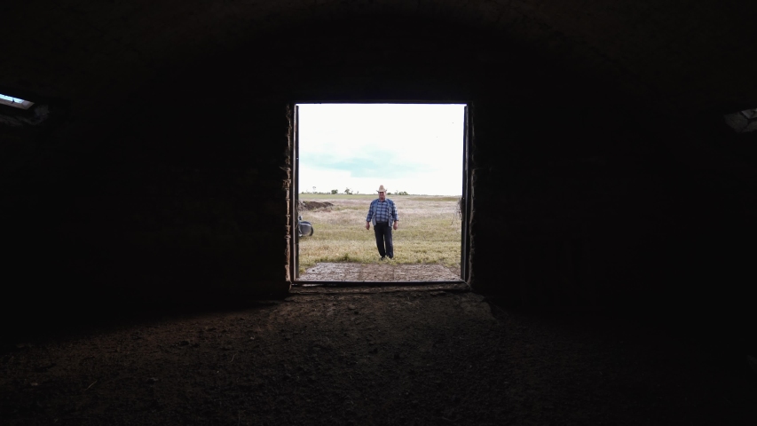 Shed without cattle, rams, sheep, pigs. A distressed man near an empty cattle hangar. Farming bankruptcy.  Desperate farmer near an empty barn. Small business crash. World economic crisis. Royalty-Free Stock Footage #1056391382