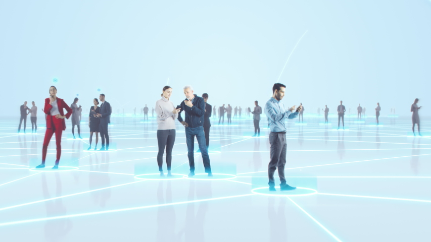 Happy People using Smartphone Devices in World Wide Connected Social Network. Diverse People do E-Business, Communicate, Send Messages. Visualization of Internet Virtual Reality Interconnected Persons | Shutterstock HD Video #1056391406