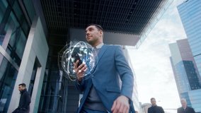 Handsome Businessman Uses Smartphone with Animated Infographics Showing Internet Icons, Walks through Crowded City Streets. Big Data, Information, e-Business Concept. Moving Low Angle Front View - Powered by Shutterstock - Get 15% off with code: PIKWIZARD15