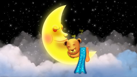 Cute bear cartoon sleeping on the moon, Babies sleep background, Looped moon, Shooting stars and clouds at night animation.