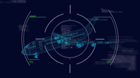 Animation of 3d technical drawing of model of aeroplane in blue outline spinning with green marks and scope scanning on dark blue background. Global connections travel engineering concept digitally