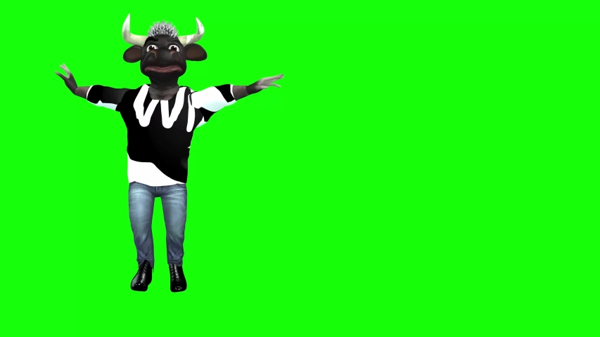 4k 3d funny animations of a cartoon Bull and cow in two different scenes , first scene with Bull dancing the can-can and break dancing and the second the cartoon cow standing , talking and waving.