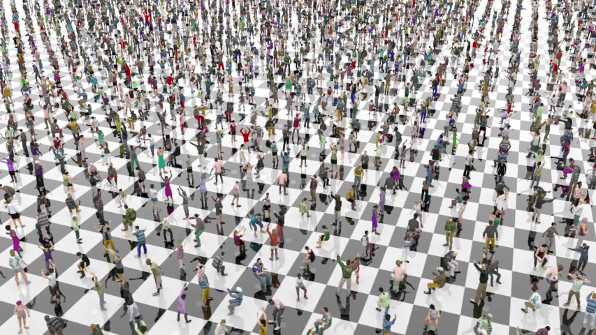 Isolated large asymptomatic crowd of people. Extreme long shot