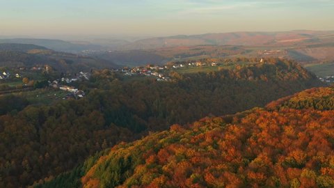 Drone view of woodland in autumn, Saarburg, Rhineland Palatinate, Germany, Europe