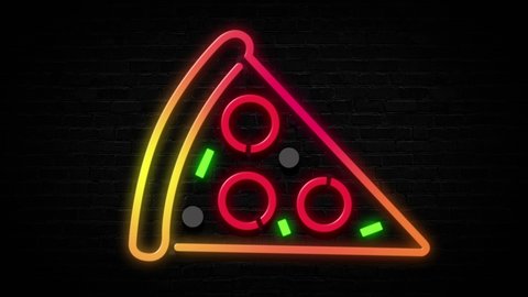 pizza neon sign on black brick wall, loop animation