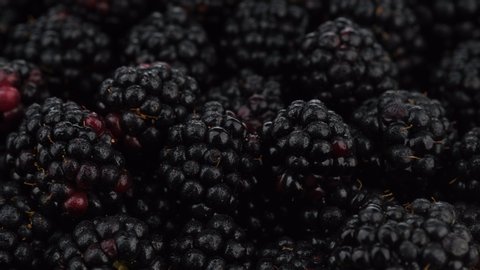 blackberry close up rotating. Fresh Ripe organic blackberries rotation backdrop close-up. bio blackberries top view, flat lay background. Macro shot