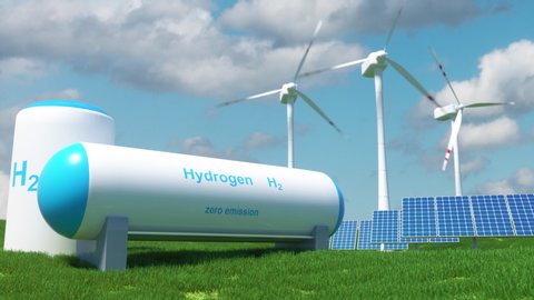 Hydrogen renewable energy production - hydrogen gas for clean electricity solar and windturbine facility.  3d render
