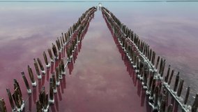 Pink Lake with therapeutic mud ungraded 4k footage on sunset, air drone view