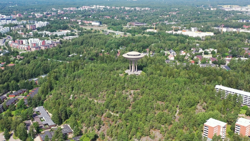 Aerial view of Haikaranpesa water tower in Espoo, Finland., a Buildings & Landmark Video by Karavanov_Lev