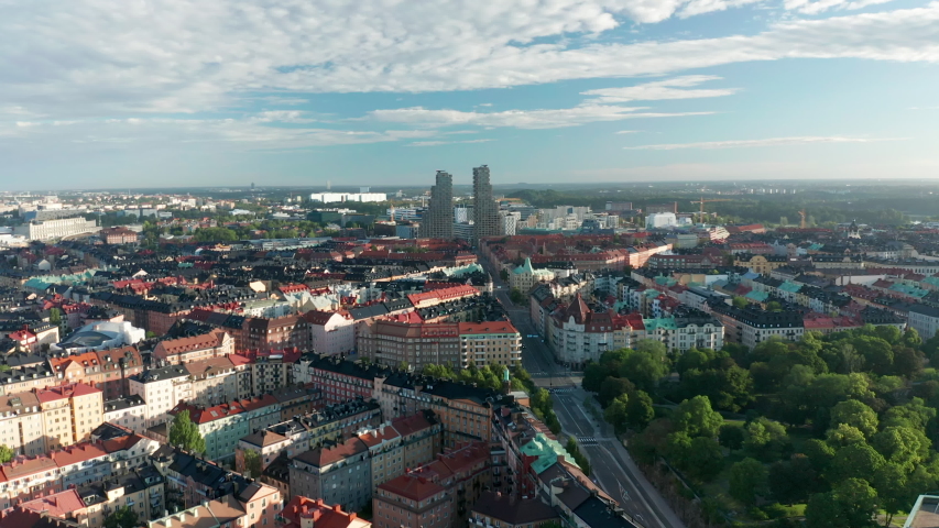 Aerial view of Vasastaden & Solna in Stockholm City, view toward Karolinska Royalty-Free Stock Footage #1056414434
