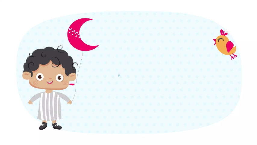 Eid Mubarak Arabic and English, a Happy Eid animated cartoon, Eid Adha in Muslim community. animated kid holding moon