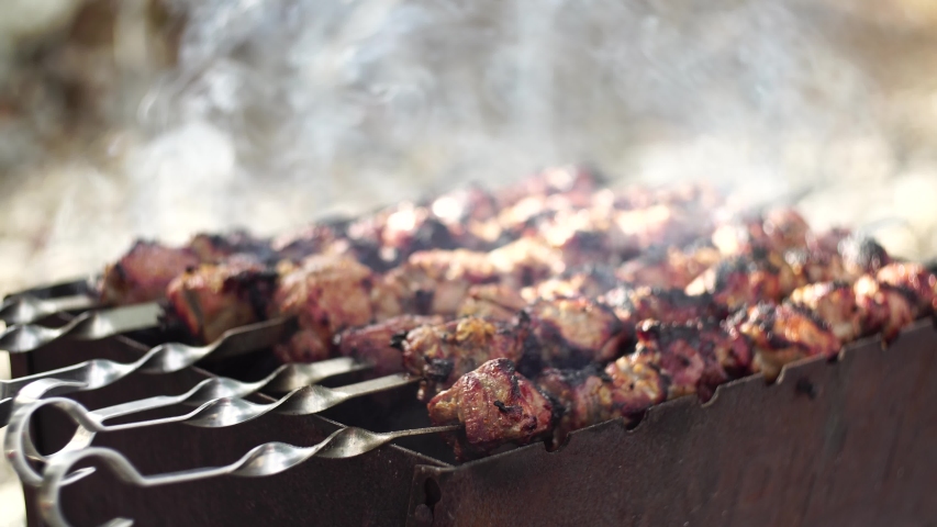 Close-up of grilling tasty dish on barbecue. Process of cooking yummy shashlik in nature. Delicious food on metal skewer in bbq. Time to picnic concept. Street food. Food festival. Pork at the stake | Shutterstock HD Video #1056421850