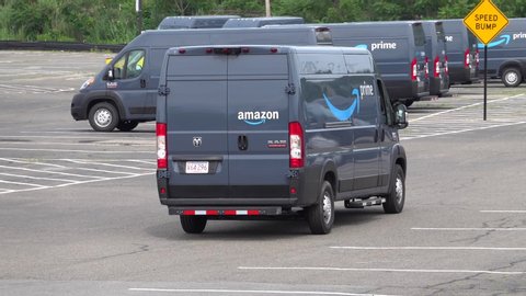 Amazon Prime delivery truck arrives at companies brand new shipping facility, American Legion Highway Revere Massachusetts USA, July 24, 2020