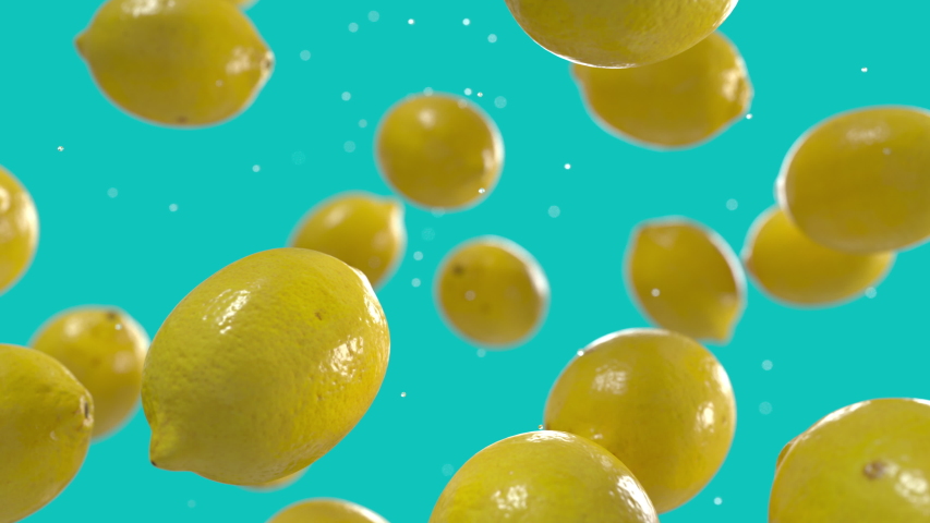 Ripe Yellow Lemons Falling Down with Water Drops in Super Slow Motion on Solid Blue Background. Endless Seamless Loop 3D Animation Royalty-Free Stock Footage #1056424766