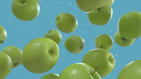 Green Apples Falling Down with Water Drops in Super Slow Motion on Solid Blue Background. Endless Seamless Loop 3D Animation