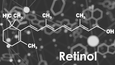 Vitamin A retinol molecule. Skeletal formula. Connected lines with dots background.