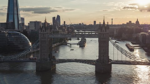 Majestic Tower Bridge, Sunny Day, Establishing Aerial View of London UK, United Kingdom