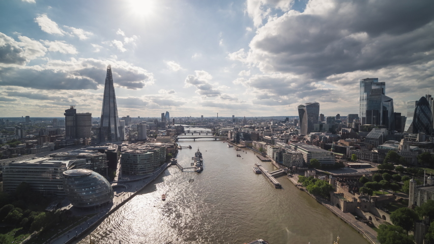 Majestic Tower Bridge, Sunny Day, Establishing Aerial View of London UK, United Kingdom Royalty-Free Stock Footage #1056429140