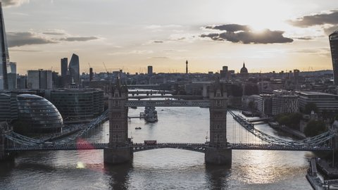 Majestic Tower Bridge, Sunny Day, Establishing Aerial View of London UK, United Kingdom