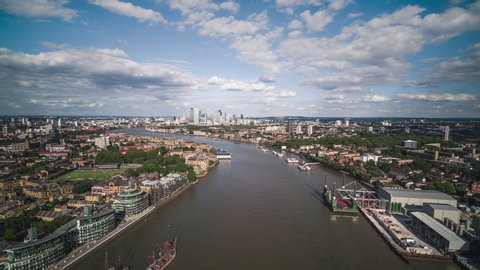 Aerial View Shot of Canary Wharf, Sunny, Financial District, London UK, United Kingdom
