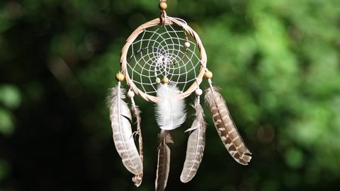 Indian amulet dreamcatcher swaying in the wind on a natural background

