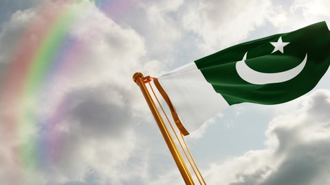 Flag of Pakistan Waving in the wind, Cloudy and Rainbow Background, Slow Motion, Realistic Animation, 4K UHD 60 FPS Slow-Motion