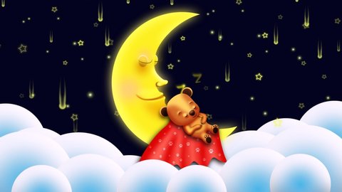 Bear cartoon. Babies sleep background. Looped moon, Shooting stars and clouds at night animation.