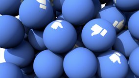 LIKE button blue balls with white thumbs up falling like in a gumball machine. Close up 3D animation of social media in stunning 4K - Powered by Shutterstock - Get 15% off with code: PIKWIZARD15