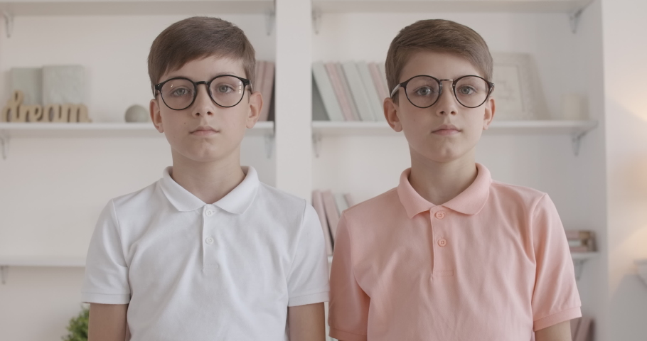 Twin brothers adjusting eyeglasses and crossing hands. Portrait of little Caucasian children posing at home. Smart kids looking at camera with serious facial expression. Royalty-Free Stock Footage #1056440429