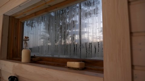 Detail shot of window interior in Finnish sauna