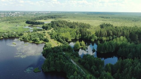 Flight over the taiga forest lake