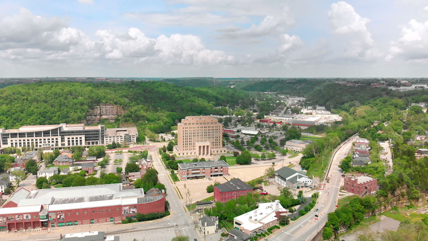 Aerial view of downtown Frankfort, KY and government buildings