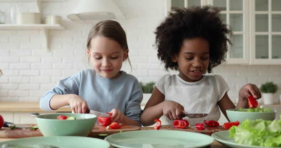 Happy cute little mixed race children chopping fresh vegetables for vegetarian salad at wooden countertop. Smiling caucasian girl preparing food with adorable biracial foster sister in modern kitchen. | Shutterstock HD Video #1056450494