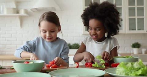 Happy cute little mixed race children chopping fresh vegetables for vegetarian salad at wooden countertop. Smiling caucasian girl preparing food with adorable biracial foster sister in modern kitchen.