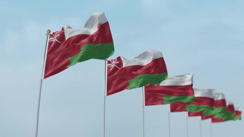 Row of waving flags of National flags of Oman with sky Background . -3D rendering 
