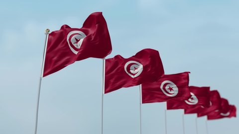 Row of waving flags of National flags of Tunisia with sky Background . -3D rendering 
