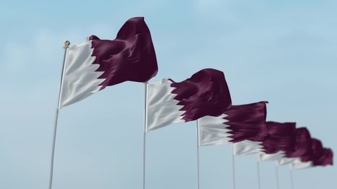 Row of waving flags of National flags of Qatar with sky Background . -3D rendering 