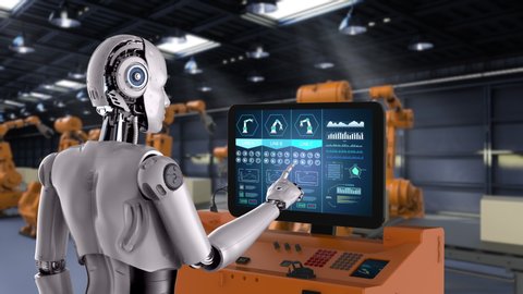 3d rendering female cyborg with computer monitor in factory 4k animation